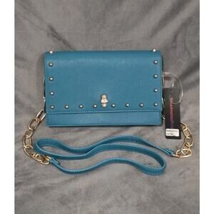 Like Dreams Crossbody Bag Purse Teal Whimsygoth Gold Tone Skull Stud Details